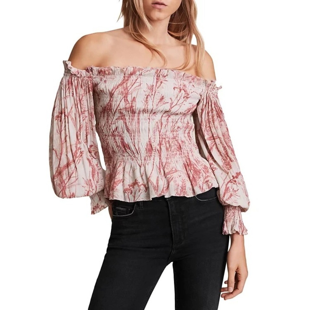 ALLSAINTS® (Women's 6) Lara Grasmere Off the Shoulder Top, Soft Cherry - $215